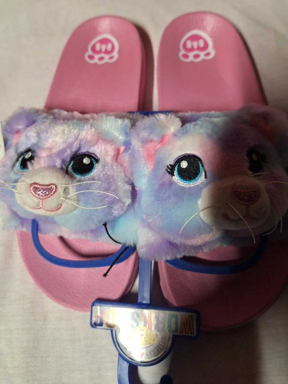 Build-A-Bear Pink Slide Sandals with Multicolor Plush Cat